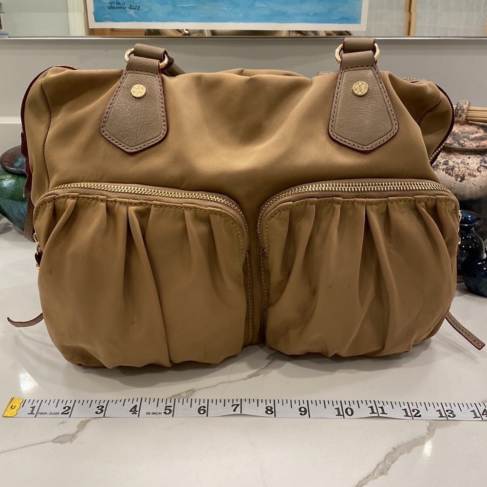 MZ Wallace Leather Trimmed Nylon Shoulder Bag, Tan/Burgandy-Edged GUC - Picture 15 of 17